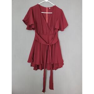 Womens Short Sleeve Dress V-Neck Ruffle Tie Waist Pleated Mini Dress XSMALL